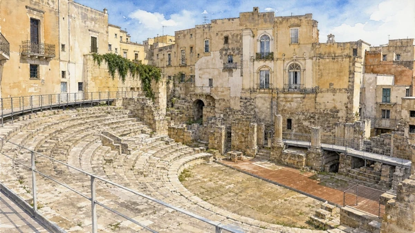 Lecce: Roman City and Baroque Stone — Complete Guide 3 Original documentary watercolour of Roman Theatre: performance inside the inhabited centre in Lecce · Puglia, showing accurate architecture, landscape and present-day use