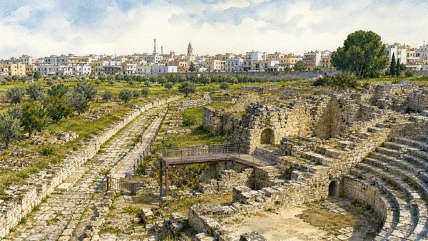 Lecce: Roman City and Baroque Stone — Complete Guide 11 Original documentary watercolour of Rudiae: Messapian and Roman territory beyond the centre in Lecce · Puglia, showing accurate architecture, landscape and present-day use