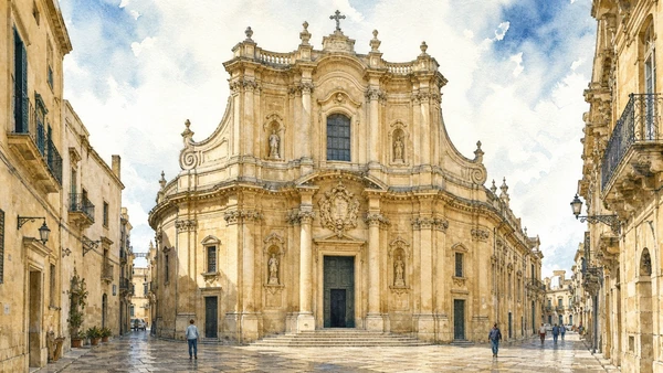 Lecce: Roman City and Baroque Stone — Complete Guide 10 Original documentary watercolour of San Matteo: a curved Baroque facade in an active parish in Lecce · Puglia, showing accurate architecture, landscape and present-day use