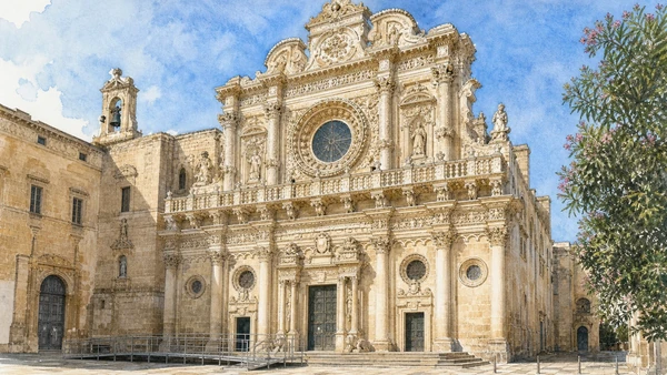Lecce: Roman City and Baroque Stone — Complete Guide 4 Original documentary watercolour of Santa Croce: facade, order and carved abundance in Lecce · Puglia, showing accurate architecture, landscape and present-day use