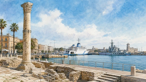 Original documentary watercolour of Brindisi harbour and the Roman column in Central Adriatic Puglia, showing accurate architecture, landscape and present-day use