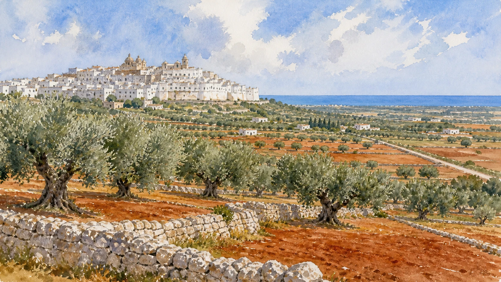 Original documentary watercolour panorama for Ostuni, Brindisi and the Olive Plain: Complete Guide, with accurate Puglian architecture, landscape and lived context