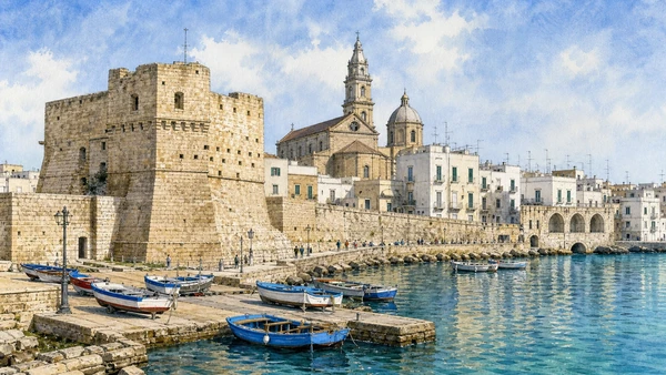 Original documentary watercolour of Monopoli: old harbour, castle and inhabited waterfront in Central Adriatic Puglia, showing accurate architecture, landscape and present-day use