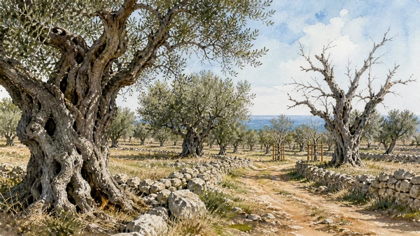 Original documentary watercolour of Monumental olive groves: production, disease and care in Central Adriatic Puglia, showing accurate architecture, landscape and present-day use