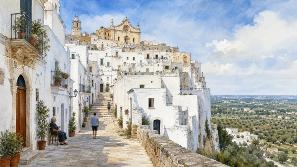 Original documentary watercolour of Ostuni: white streets above the olive plain in Central Adriatic Puglia, showing accurate architecture, landscape and present-day use