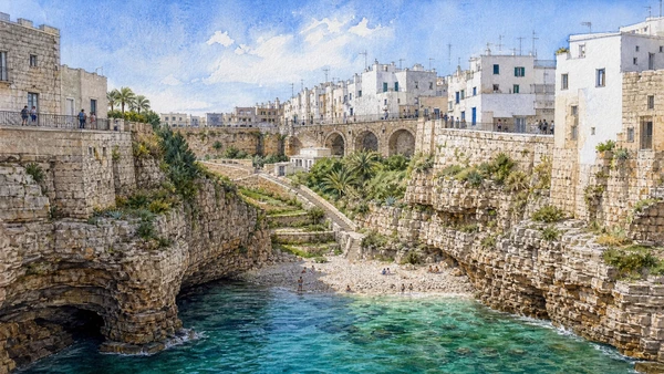 Original documentary watercolour of Polignano a Mare: cliff town and Lama Monachile in Central Adriatic Puglia, showing accurate architecture, landscape and present-day use