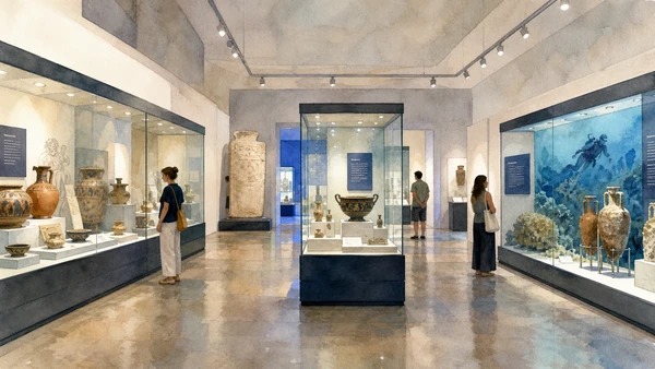 Original documentary watercolour of Museo Ribezzo: archaeology of harbour and territory in Central Adriatic Puglia, showing accurate architecture, landscape and present-day use
