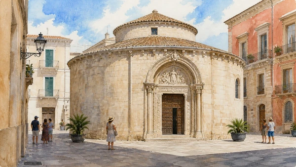 Original documentary watercolour of San Giovanni al Sepolcro: medieval forms and eastern references in Central Adriatic Puglia, showing accurate architecture, landscape and present-day use