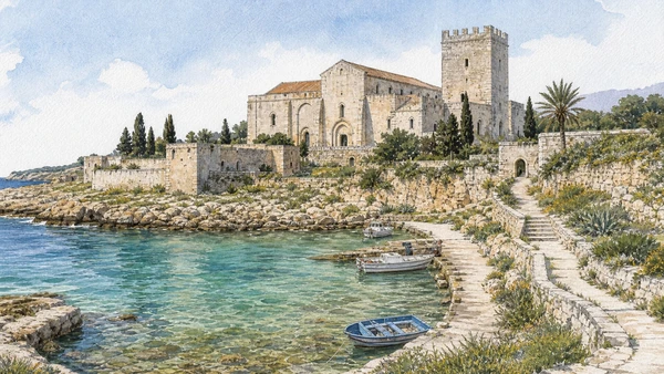 Original documentary watercolour of San Vito: abbey, tower and small harbour in Central Adriatic Puglia, showing accurate architecture, landscape and present-day use
