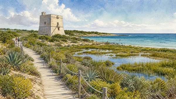 Original documentary watercolour of Torre Guaceto: dunes, wetland and protected sea in Central Adriatic Puglia, showing accurate architecture, landscape and present-day use
