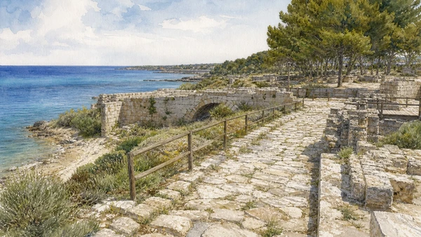 Original documentary watercolour of Via Traiana landscape: roads, bridges and coastal continuity in Central Adriatic Puglia, showing accurate architecture, landscape and present-day use
