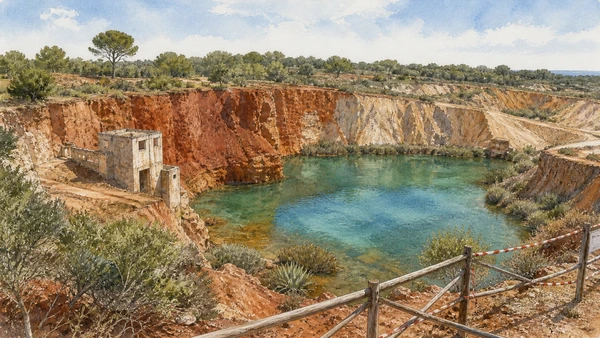 Otranto and Eastern Salento: Complete Guide 8 Original documentary watercolour of The former bauxite quarry: industry becoming a fragile landscape in Eastern Salento · Puglia, showing accurate architecture, landscape and present-day use