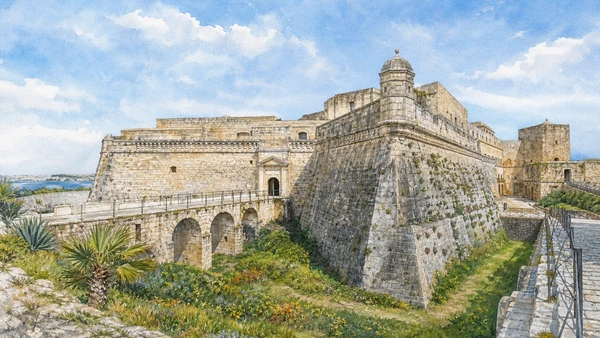 Otranto and Eastern Salento: Complete Guide 4 Original documentary watercolour of Aragonese Castle: fortification after 1480 in Eastern Salento · Puglia, showing accurate architecture, landscape and present-day use