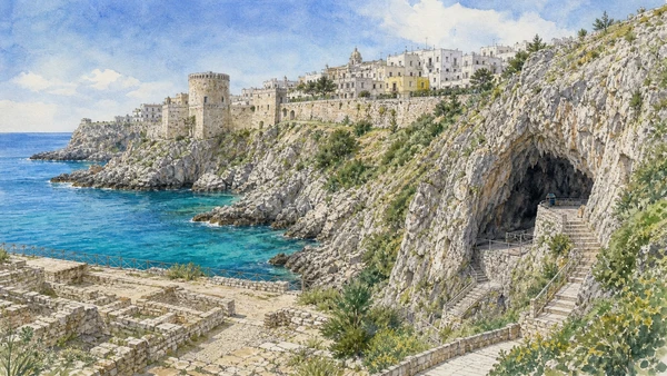 Otranto and Eastern Salento: Complete Guide 10 Original documentary watercolour of Castro and Grotta Zinzulusa: fortified town above karst coast in Eastern Salento · Puglia, showing accurate architecture, landscape and present-day use