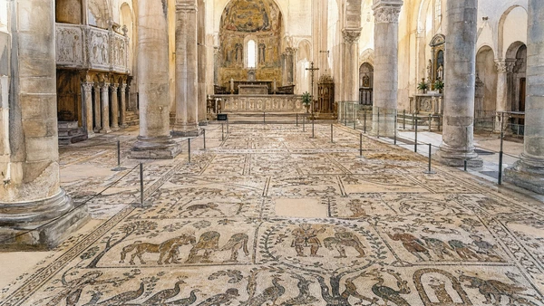 Otranto and Eastern Salento: Complete Guide 2 Original documentary watercolour of Otranto Cathedral: Pantaleone's mosaic floor in Eastern Salento · Puglia, showing accurate architecture, landscape and present-day use