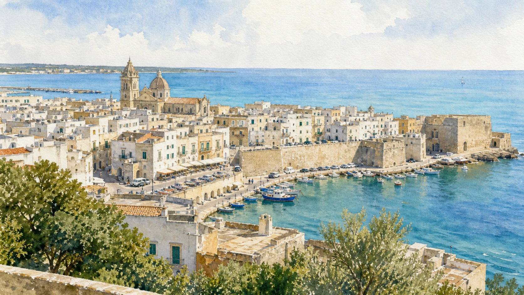 Otranto and Eastern Salento: Complete Guide 1 Original documentary watercolour panorama for Otranto and Eastern Salento: Complete Guide, with accurate Puglian architecture, landscape and lived context