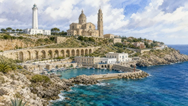 Otranto and Eastern Salento: Complete Guide 11 Original documentary watercolour of Santa Maria di Leuca: sanctuary, villas and the meeting of routes in Eastern Salento · Puglia, showing accurate architecture, landscape and present-day use