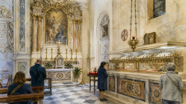 Otranto and Eastern Salento: Complete Guide 3 Original documentary watercolour of Chapel of the Martyrs: devotion and the memory of 1480 in Eastern Salento · Puglia, showing accurate architecture, landscape and present-day use
