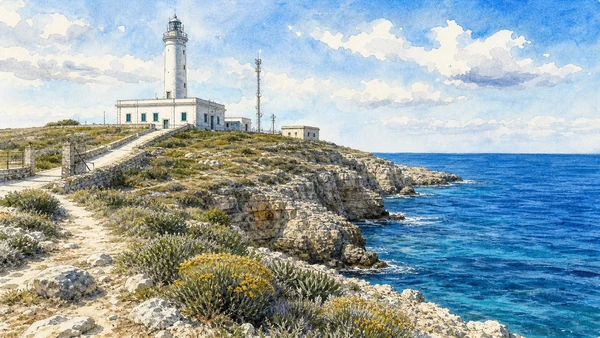 Otranto and Eastern Salento: Complete Guide 6 Original documentary watercolour of Punta Palascia: lighthouse and exposed headland in Eastern Salento · Puglia, showing accurate architecture, landscape and present-day use