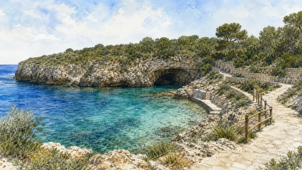 Otranto and Eastern Salento: Complete Guide 9 Original documentary watercolour of Porto Badisco: inlet, cave archaeology and living coast in Eastern Salento · Puglia, showing accurate architecture, landscape and present-day use