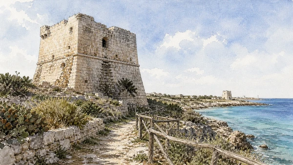 Otranto and Eastern Salento: Complete Guide 7 Original documentary watercolour of Torre Sant'Emiliano: coastal warning in a broken network in Eastern Salento · Puglia, showing accurate architecture, landscape and present-day use