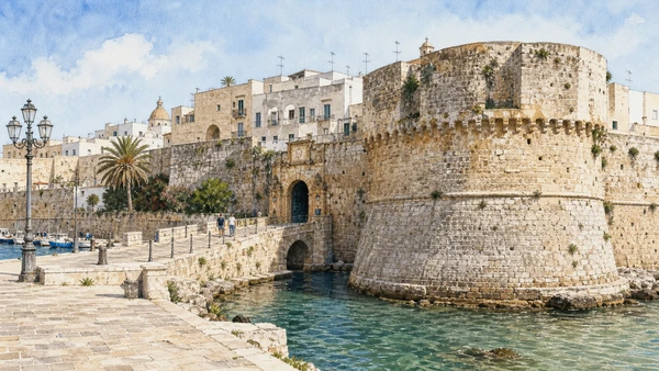 Otranto and Eastern Salento: Complete Guide 5 Original documentary watercolour of Walls and port: the inhabited eastern threshold in Eastern Salento · Puglia, showing accurate architecture, landscape and present-day use