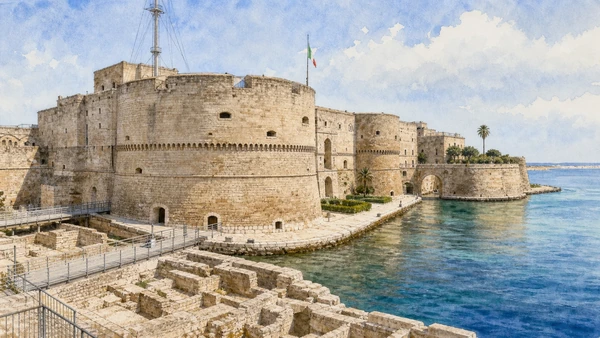 Original documentary watercolour of Aragonese Castle: military architecture still in naval care in Taranto and Ionian Puglia, showing accurate architecture, landscape and present-day use