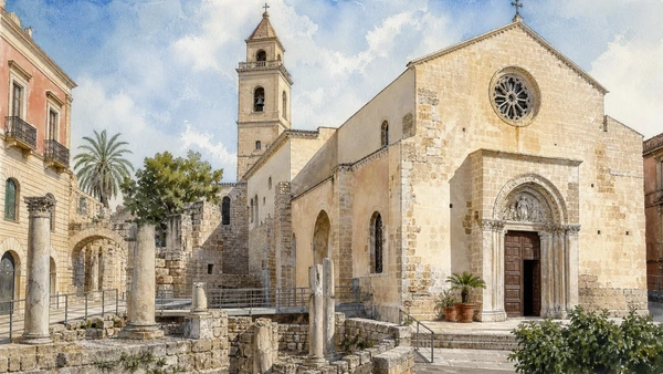 Original documentary watercolour of Taranto Cathedral: San Cataldo and continuous sacred rebuilding in Taranto and Ionian Puglia, showing accurate architecture, landscape and present-day use