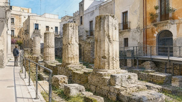 Original documentary watercolour of The Doric columns: a fragment of Taras inside the old city in Taranto and Ionian Puglia, showing accurate architecture, landscape and present-day use