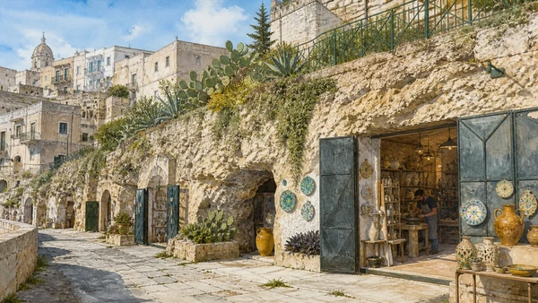 Original documentary watercolour of Grottaglie: ceramics as continuing production in Taranto and Ionian Puglia, showing accurate architecture, landscape and present-day use