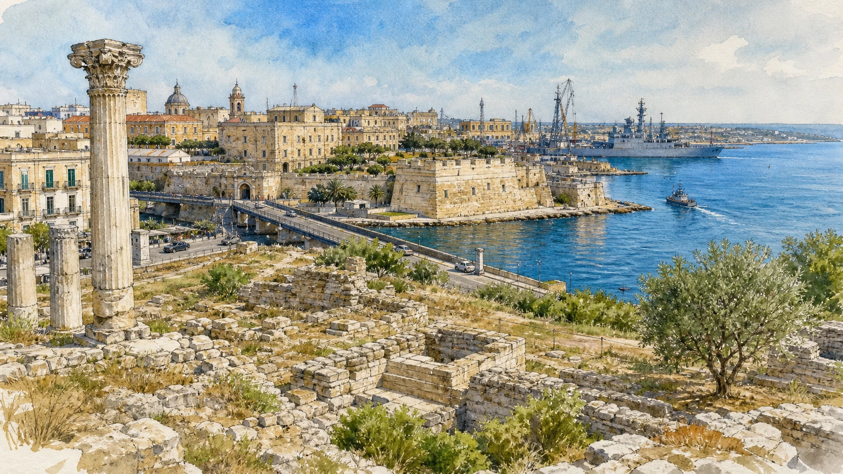 Original documentary watercolour panorama for Taranto and the Ionian Coast: Complete Guide, with accurate Puglian architecture, landscape and lived context