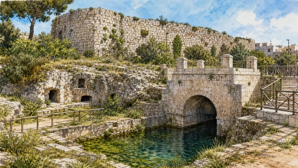 Original documentary watercolour of Manduria: Messapian walls and the Fonte Pliniano in Taranto and Ionian Puglia, showing accurate architecture, landscape and present-day use