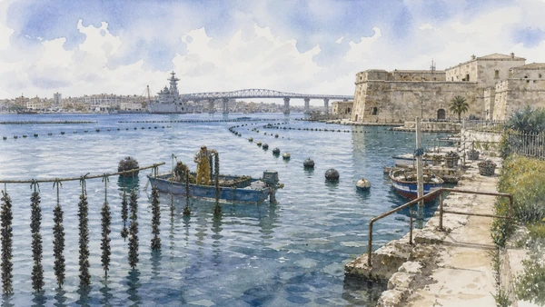 Original documentary watercolour of Mar Piccolo: mussel farming, ecology and naval city in Taranto and Ionian Puglia, showing accurate architecture, landscape and present-day use