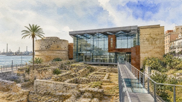 Original documentary watercolour of MArTA: Taras and the archaeology of Puglia in Taranto and Ionian Puglia, showing accurate architecture, landscape and present-day use