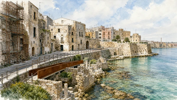Original documentary watercolour of The old city island: residence, abandonment and recovery in Taranto and Ionian Puglia, showing accurate architecture, landscape and present-day use
