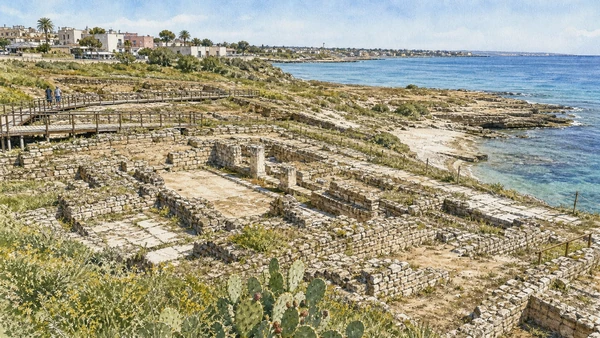 Original documentary watercolour of Saturo: coastal archaeology beyond Taras in Taranto and Ionian Puglia, showing accurate architecture, landscape and present-day use