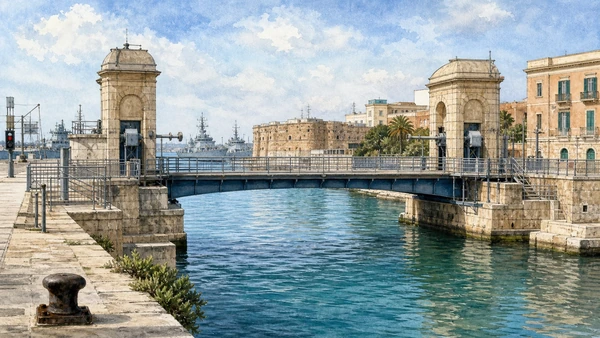 Original documentary watercolour of Swing bridge and navigable canal: engineering between the seas in Taranto and Ionian Puglia, showing accurate architecture, landscape and present-day use