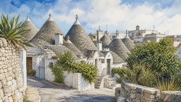 Alberobello and Valle d'Itria: Complete Guide 2 Original documentary watercolour of Aia Piccola: the residential trulli quarter in Valle d'Itria · Puglia, showing accurate architecture, landscape and present-day use