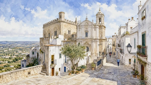 Alberobello and Valle d'Itria: Complete Guide 8 Original documentary watercolour of Ceglie Messapica: Messapian memory and later urban fabric in Valle d'Itria · Puglia, showing accurate architecture, landscape and present-day use