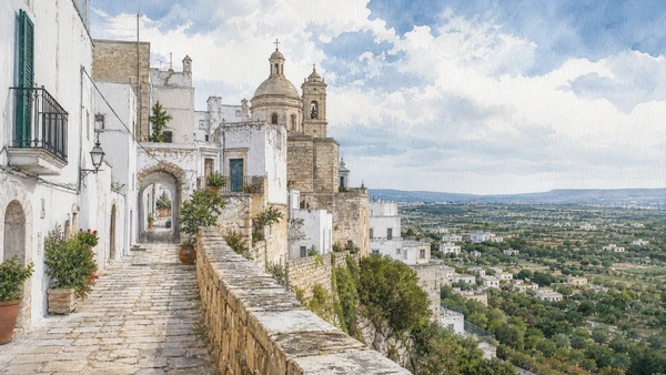 Alberobello and Valle d'Itria: Complete Guide 7 Original documentary watercolour of Cisternino: houses, lanes and valley views in Valle d'Itria · Puglia, showing accurate architecture, landscape and present-day use