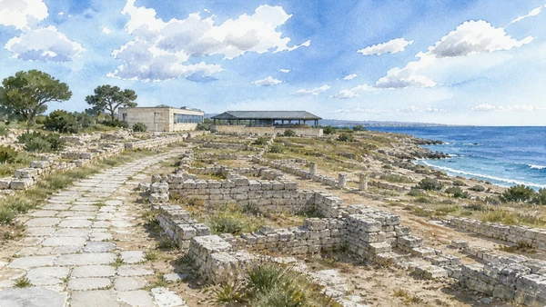 Alberobello and Valle d'Itria: Complete Guide 9 Original documentary watercolour of Egnazia: thirty centuries beside the Adriatic in Valle d'Itria · Puglia, showing accurate architecture, landscape and present-day use