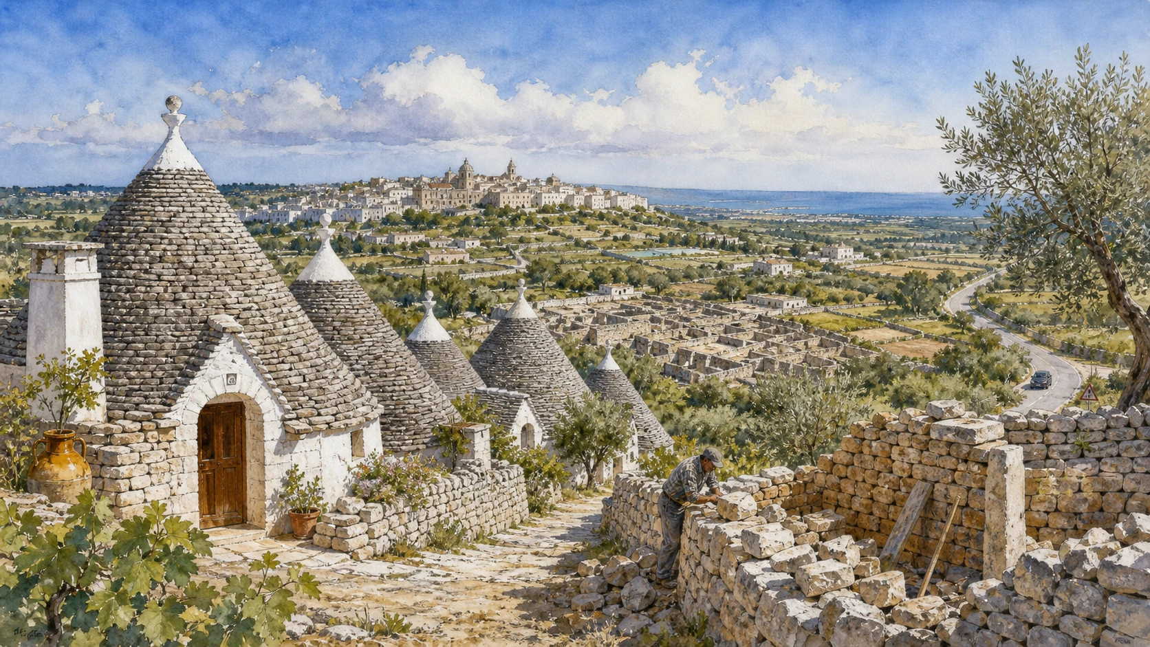 Alberobello and Valle d'Itria: Complete Guide 1 Original documentary watercolour panorama for Alberobello and Valle d'Itria: Complete Guide, with accurate Puglian architecture, landscape and lived context