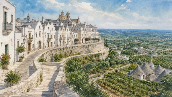 Alberobello and Valle d'Itria: Complete Guide 5 Original documentary watercolour of Locorotondo: circular streets above the valley in Valle d'Itria · Puglia, showing accurate architecture, landscape and present-day use