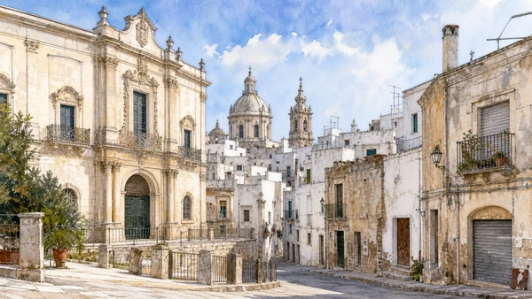Alberobello and Valle d'Itria: Complete Guide 6 Original documentary watercolour of Martina Franca: Baroque institutions within a working town in Valle d'Itria · Puglia, showing accurate architecture, landscape and present-day use