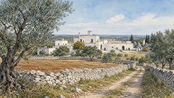 Alberobello and Valle d'Itria: Complete Guide 10 Original documentary watercolour of Masserie and the cultivated plain in Valle d'Itria · Puglia, showing accurate architecture, landscape and present-day use