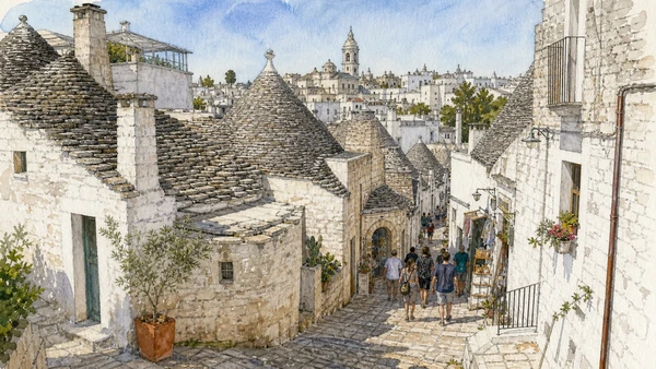 Alberobello and Valle d'Itria: Complete Guide 3 Original documentary watercolour of Rione Monti: conservation under tourism pressure in Valle d'Itria · Puglia, showing accurate architecture, landscape and present-day use