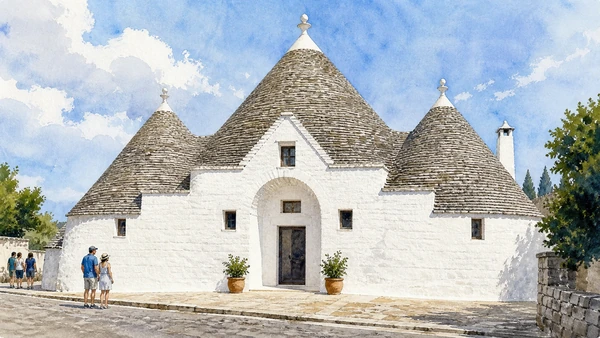 Alberobello and Valle d'Itria: Complete Guide 4 Original documentary watercolour of Trullo Sovrano: scale and domestic adaptation in Valle d'Itria · Puglia, showing accurate architecture, landscape and present-day use