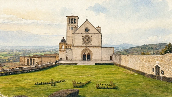 Verified watercolour of the façade of the Upper Basilica of Saint Francis, with its bell tower, lawn and the Umbrian valley