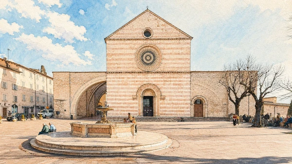 Verified watercolour of the Basilica of Saint Clare with its pink-and-white banded façade, rose window and flying buttress