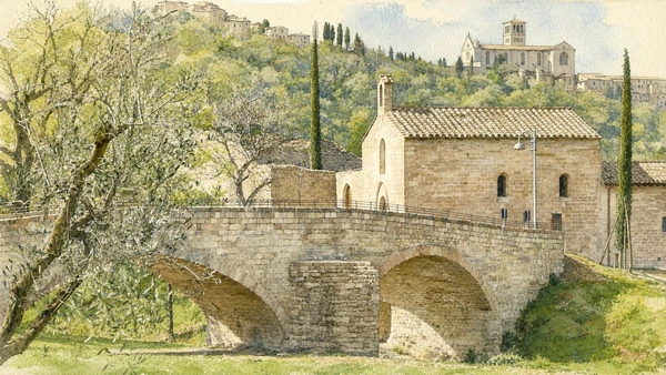 Verified watercolour of Ponte dei Galli and the Santa Croce complex in the Wood of Saint Francis, with the Basilica on the hill